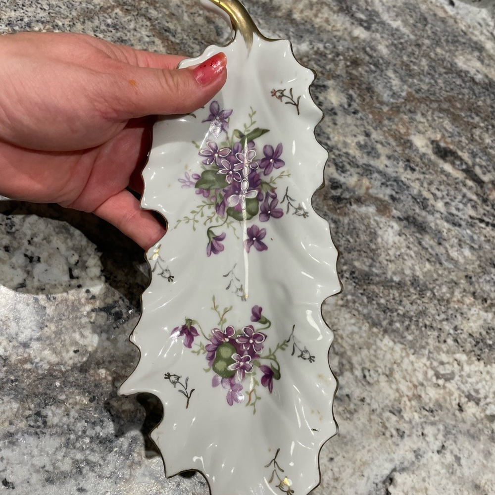 Floral Leaf-Shaped Dish with Gold Trim